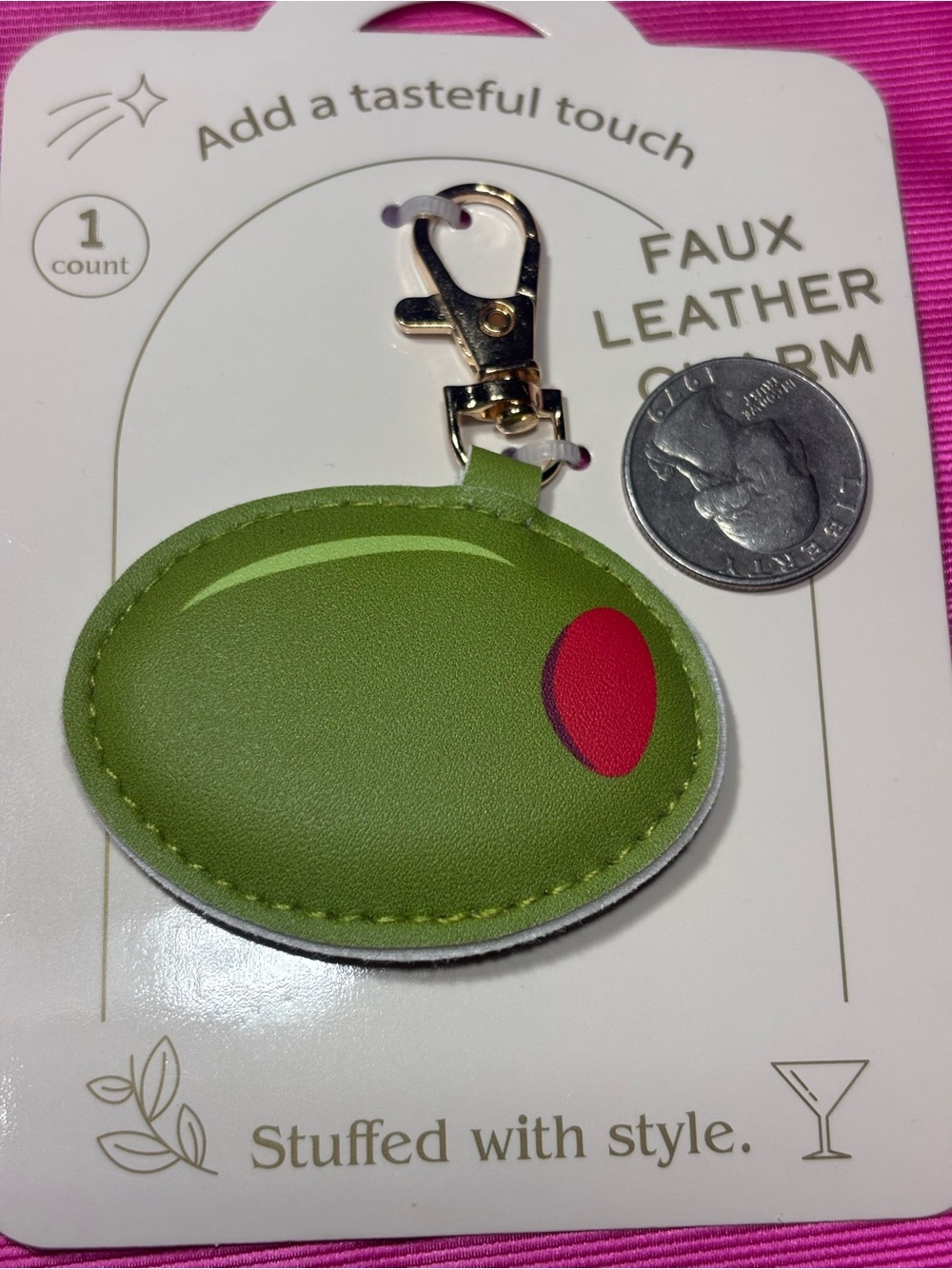 New Bag Charm Olive Faux Leather Charm Keychain - Green with Red Accent - Picture 3 of 4